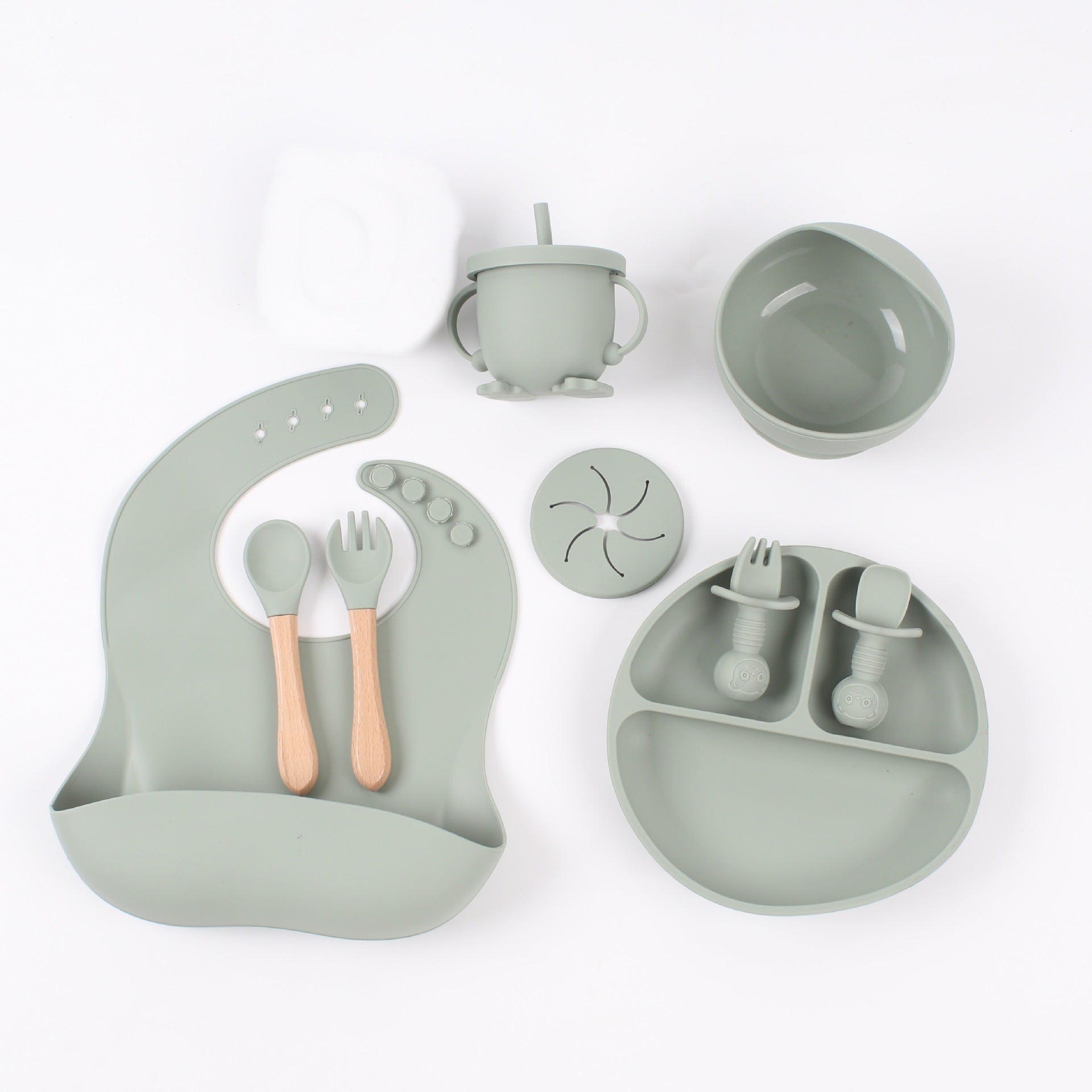 Silicone Baby Food Snack Catcher Bib Tableware Set