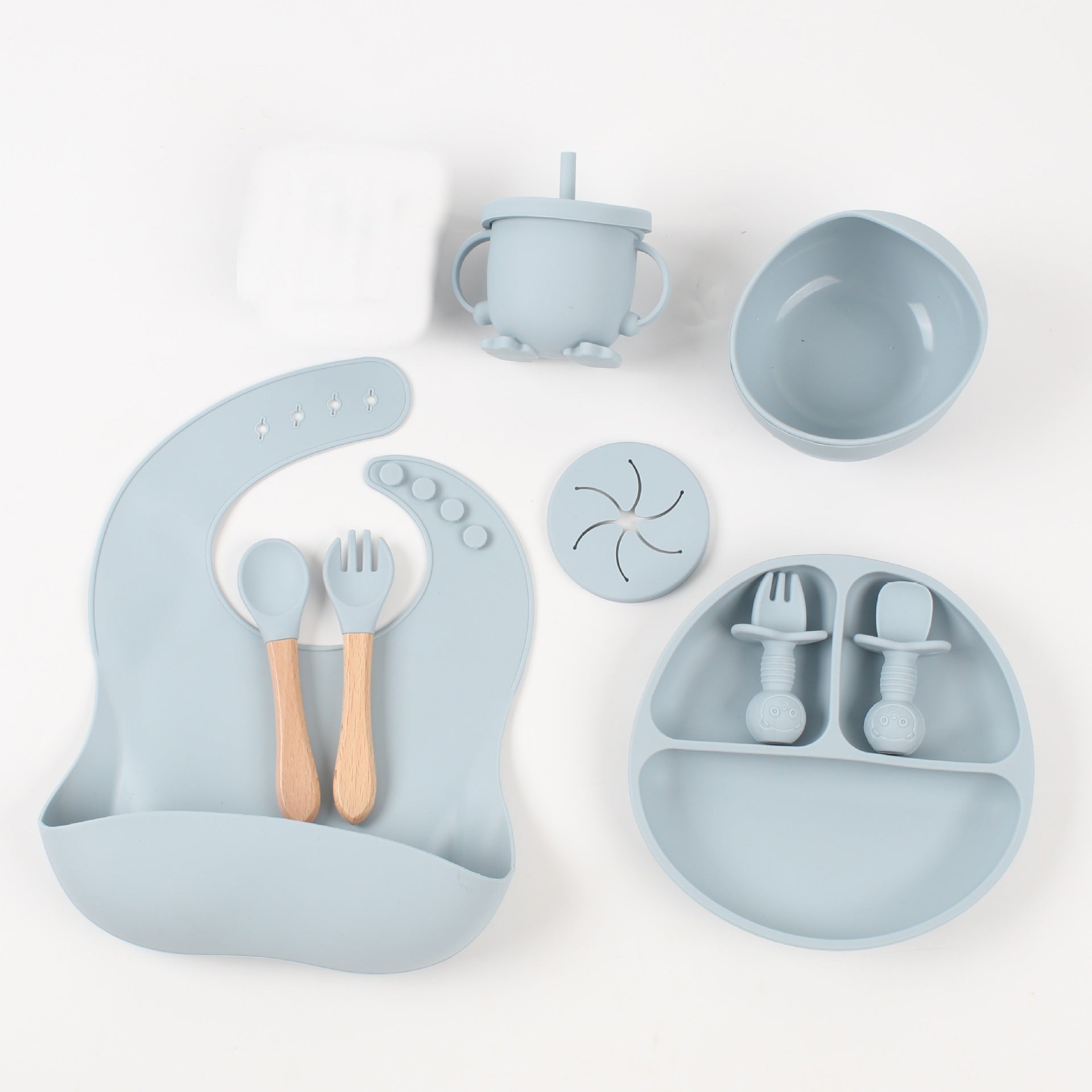 Silicone Baby Food Snack Catcher Bib Tableware Set