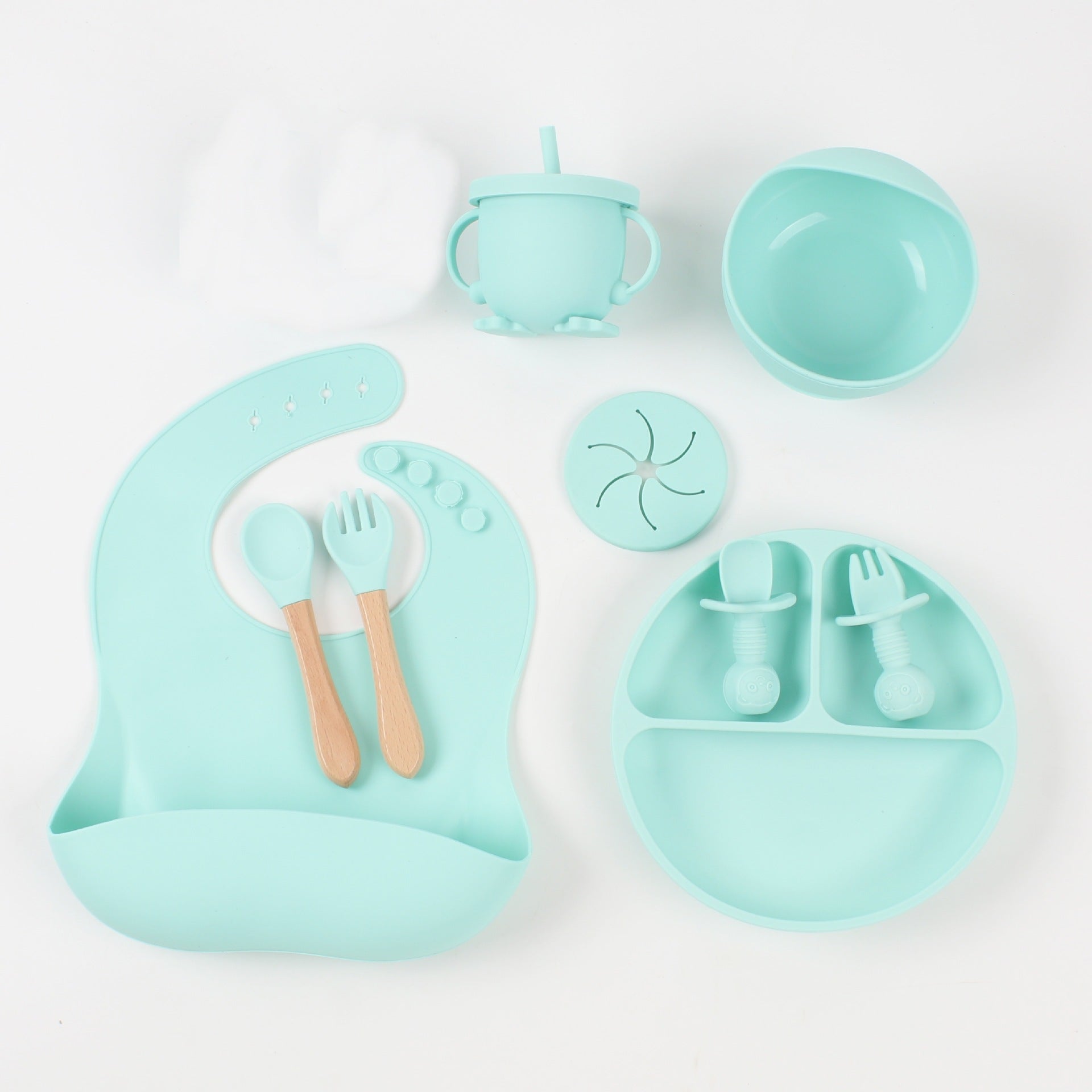Silicone Baby Food Snack Catcher Bib Tableware Set